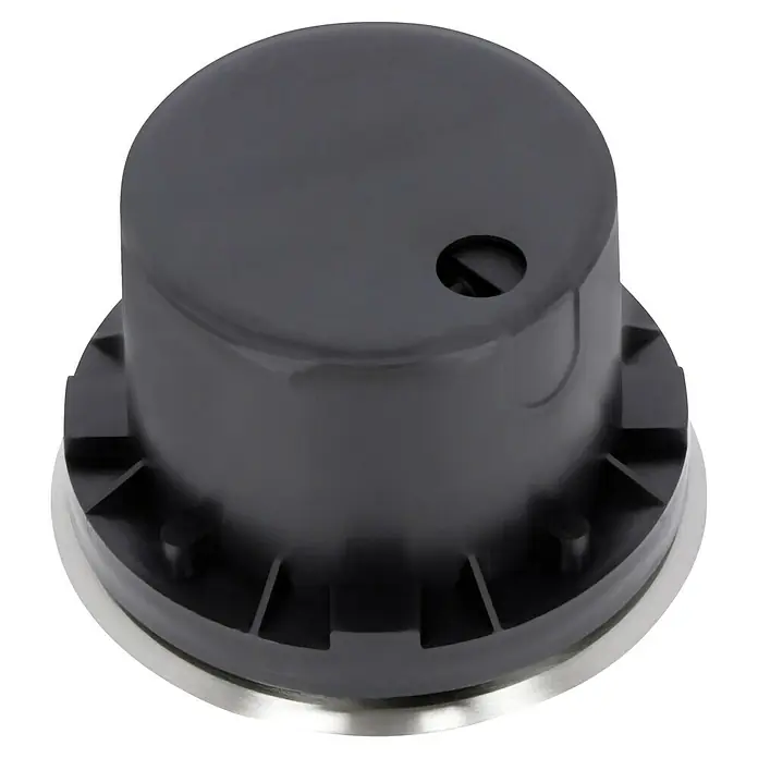 Starlux Bodeneinbauleuchte Arvika - 5 W, Warmweiß - Nahaufnahme eines runden, schwarzen Produkts mit einer Schraube und einer silbernen Basis. Das Design ist modern und minimalistisch.