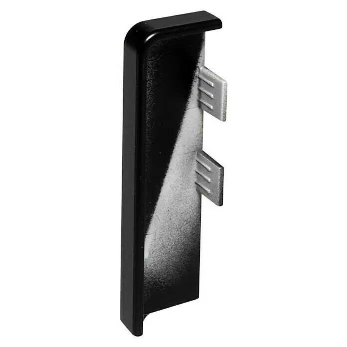 Endkappe Modern 58 - Schwarz, 2 Stk. - Schwarzes rechteckiges Zierstück mit diagonalem schwarz-weißem Strukturlack und zwei grauen Befestigungszacken.