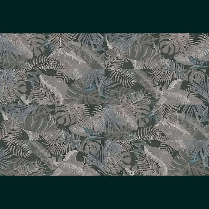 Wandfliese Studio - 30 x 90 cm, Palm Bone, Matt - Graues Tapetenmuster mit üppigen tropischen Blättern und Pflanzen, das ein elegantes und natürliches Ambiente schafft.