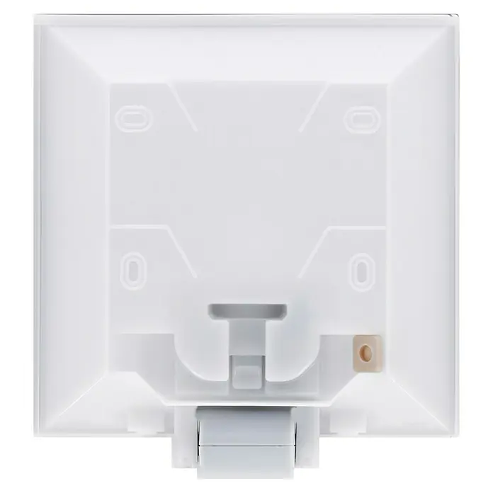 Steinel Sensor-Außenleuchte L 20 S Edelstahl - 60 W, 8 x 24 x 23 cm, Weiß/Silber, IP44 - Nahaufnahme einer weißen, quadratischen Seifenspender-Rückwand mit Montageelementen. Das Design ist schlicht und modern.