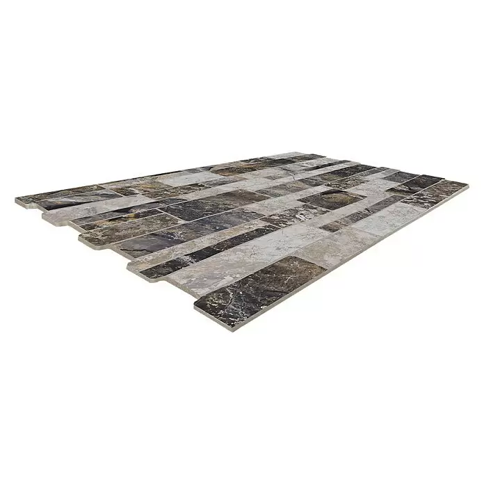 Verblendstein Durango Jet 8 - 50 x 33,3 cm, Graumix, Natursteinoptik - Natursteinmosaikfliese, bestehend aus rechteckigen Stücken in verschiedenen Braun-, Schwarz-, Grau- und Beigetönen.