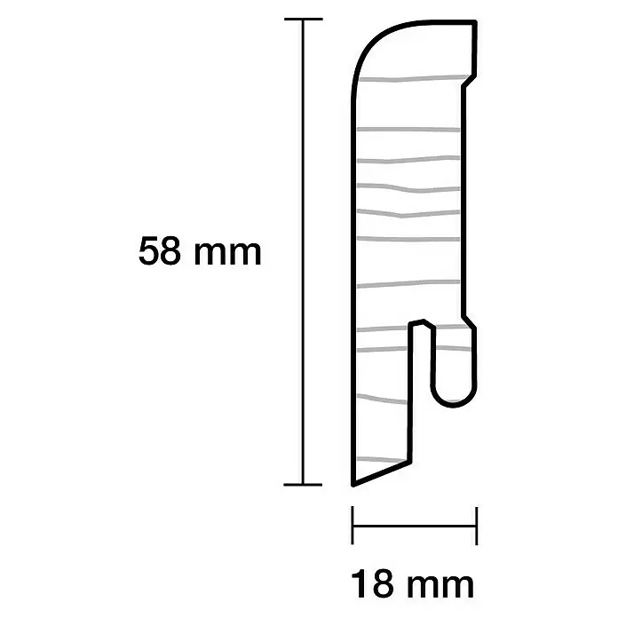 Sockelleiste - 240 x 1,8 x 5,8 cm, Kiefer, Weiß - Technische Zeichnung eines Profils, 58mm hoch und 18mm breit, mit Rundung oben und Aussparung unten.