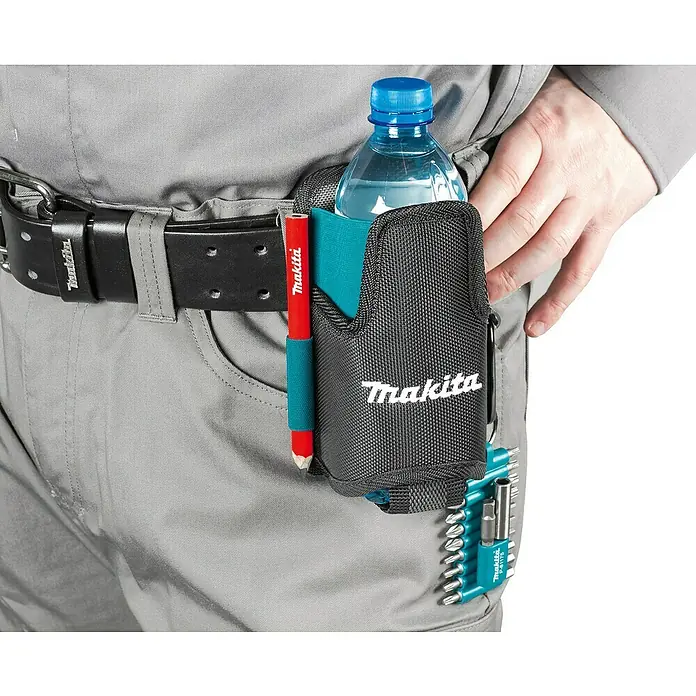 Makita Thermoflasche mit Gürteltasche E-15562 - L x B x H: 90 x 85 x 200 mm - Werkzeughalter mit Wasserflasche, Stift und Bit-Set am Gürtel. Praktisch für Handwerker und Heimwerker.