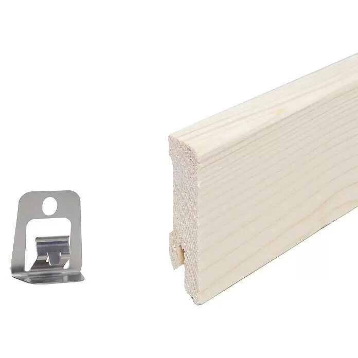 Sockelleiste - 240 x 1,6 x 5,8 cm, Fichte, Geölt - Helle Holzvertäfelung mit seitlicher Nut und silbernem Metall-Verdeckt-Befestigungsclip.