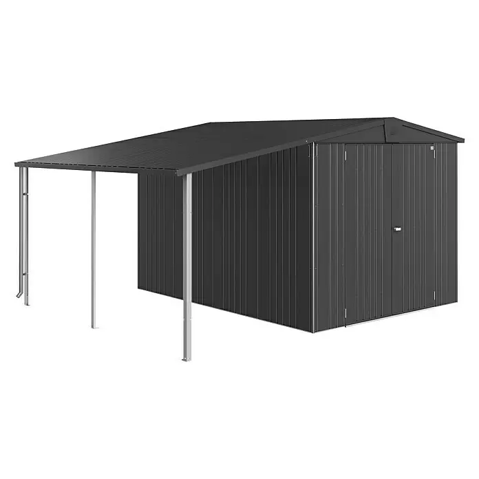Biohort Europa Seitendach - L x B: 3 x 1,5 m, Stahl, Dunkelgrau Metallic - Dunkelgraues Metall-Gartenhaus mit integriertem Carport auf Stützen, mit Wellblechdach und vertikaler Verkleidung.