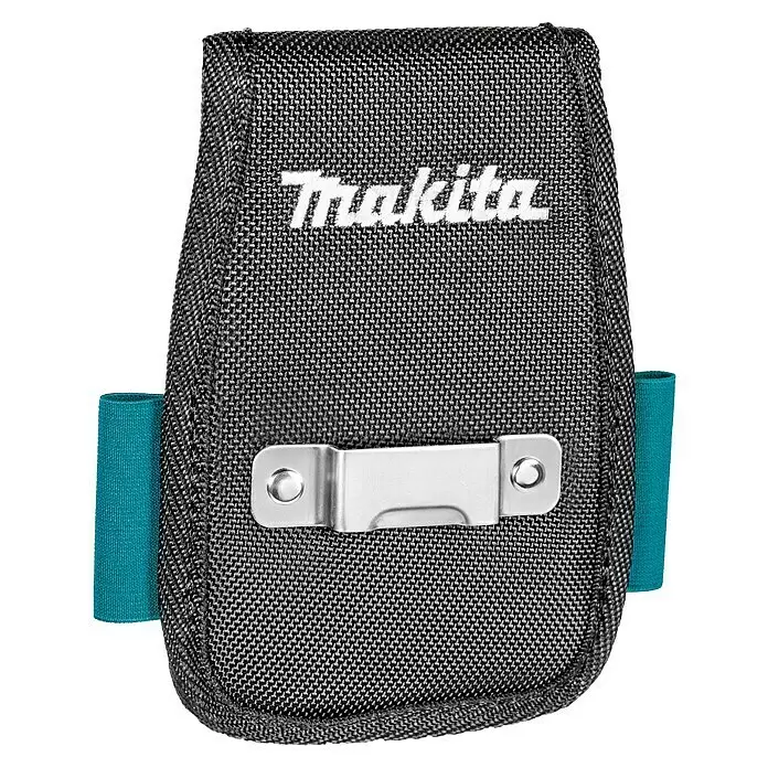 Makita Werkzeug-Gürteltasche - Passend für: Makita Strap-Belt-System - Dunkelgraue Makita Stoff-Werkzeughalterung mit weißem Logo, silbernem Metallclip und türkisen Schlaufen.