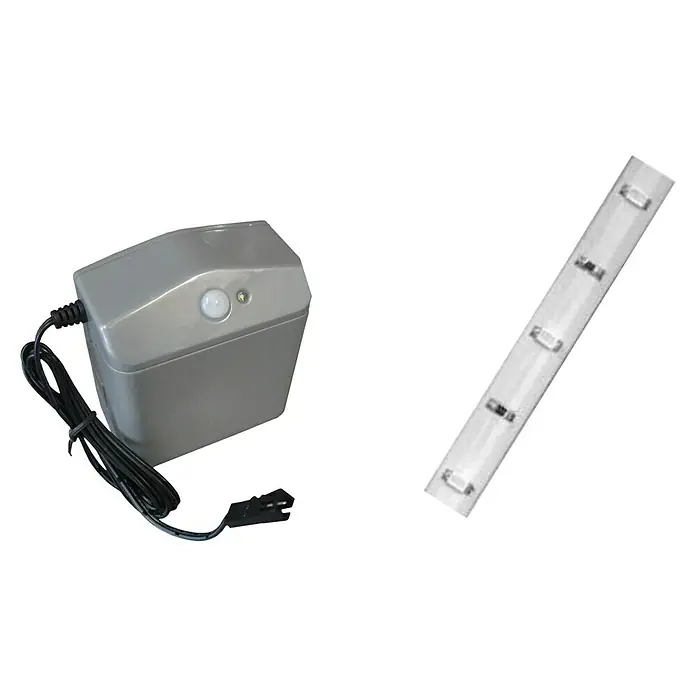 Camargue Badmöbel-Set - Grafit, Glänzend, 120 cm, 4 -tlg., 17 W - Das Bild zeigt ein LED-Lichtsystem mit einem Sensor und einem zugehörigen LED-Streifen. Perfekt für Schränke oder andere dunkle Bereiche.