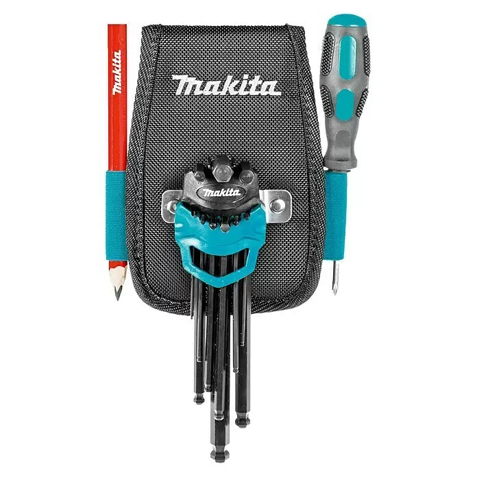 Makita Werkzeug-Gürteltasche - Passend für: Makita Strap-Belt-System - Schwarze Makita Werkzeugtasche mit rotem Bleistift, grau-türkisem Schraubendreher und türkisfarbenem Inbusschlüsselsatz.