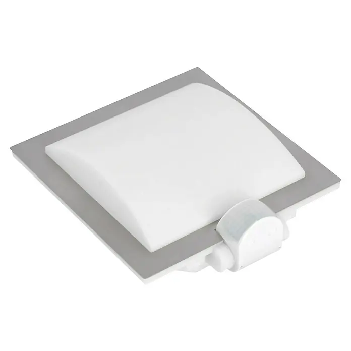 Steinel Sensor-Außenleuchte L 20 S Edelstahl - 60 W, 8 x 24 x 23 cm, Weiß/Silber, IP44 - Nahaufnahme einer weißen LED-Deckenleuchte mit Bewegungssensor auf grauem Hintergrund, ideal für moderne Innenräume.