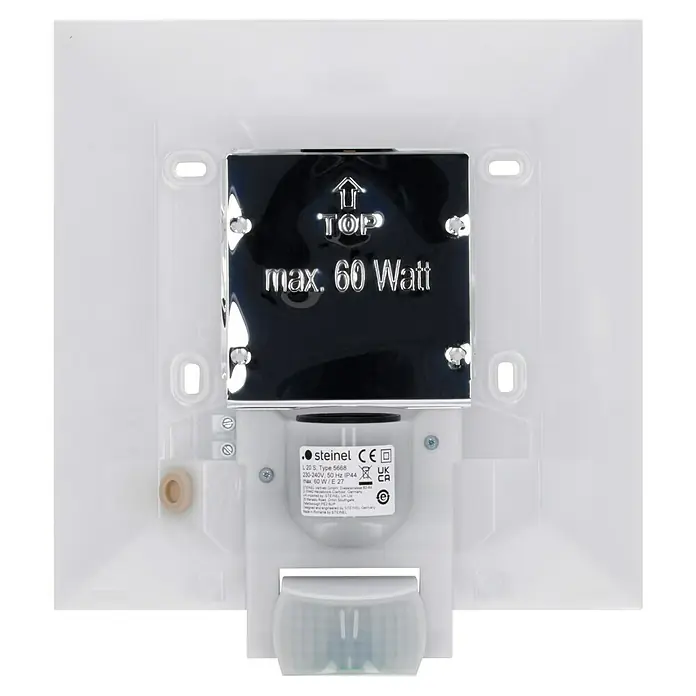 Steinel Sensor-Außenleuchte L 20 S Edelstahl - 60 W, 8 x 24 x 23 cm, Weiß/Silber, IP44 - Nahaufnahme einer Steinel L 20 S Sensorleuchte, die für eine maximale Leistung von 60 Watt ausgelegt ist.