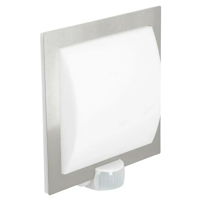 Steinel Sensor-Außenleuchte L 20 S Edelstahl - 60 W, 8 x 24 x 23 cm, Weiß/Silber, IP44 - Eine Nahaufnahme einer quadratischen LED-Wandleuchte mit Bewegungssensor, die sich ideal für Innenräume eignet und ein modernes Design aufweist.