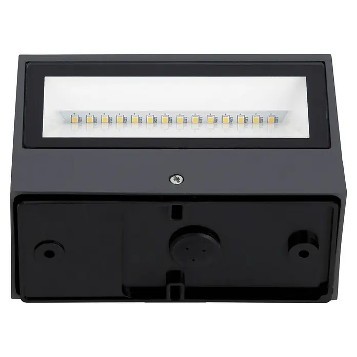 Lutec LED-Außenwandleuchte Gemini - 10,5 W, 14 x 9 x 6,5 cm, Anthrazit, IP54 - Nahaufnahme einer modernen, grauen LED-Wandleuchte mit einer Reihe heller, kleiner LEDs. Elegantes und funktionelles Design für den Außenbereich.
