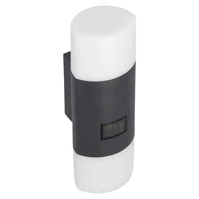Steinel LED-Sensor-Außenwandleuchte L 910 S anthrazit - 9,8 W, L x B x H: 8 x 8,5 x 23,5 cm, Anthrazit, Weiß, Warmweiß - Nahaufnahme einer Wandleuchte mit Bewegungssensor, die ein sanftes, diffuses Licht für den Außenbereich erzeugt und Sicherheit bietet.