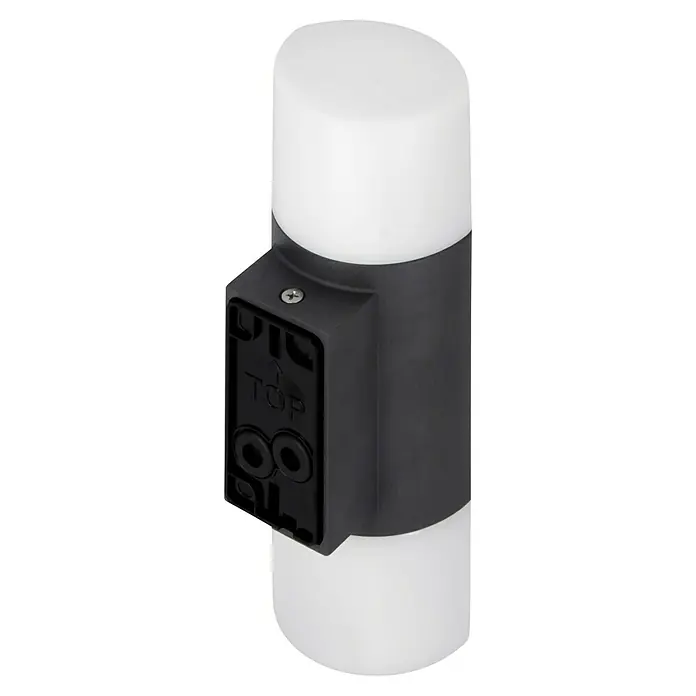 Steinel LED-Sensor-Außenwandleuchte L 910 S anthrazit - 9,8 W, L x B x H: 8 x 8,5 x 23,5 cm, Anthrazit, Weiß, Warmweiß - Nahaufnahme einer weißen, zylindrischen LED-Wandleuchte mit einem schwarzen Montageelement, das mit "TOP" gekennzeichnet ist.