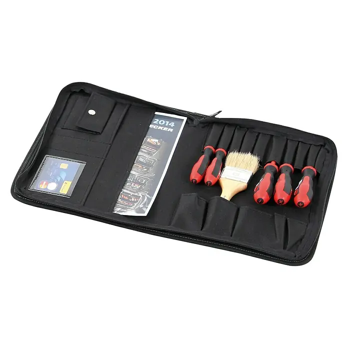Hepco & Becker Werkzeugtasche Polytex 5800 - Polyester - Eine schwarze Werkzeugtasche mit Schraubenziehern, einem Pinsel und einer Broschüre. Ideal für Handwerker und Heimwerker.