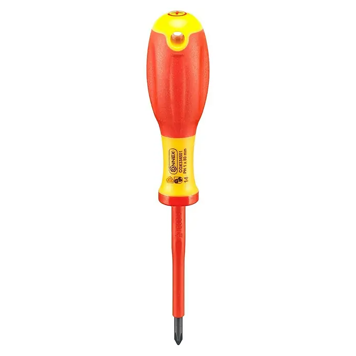 Connex Destornillador para electricista COX334501 - PH 1, Longitud de la hoja: 80 mm - Primer plano de un destornillador Phillips aislado con mango amarillo y rojo.
