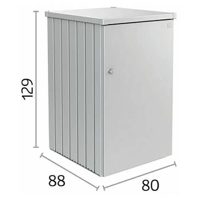 Biohort Mülltonnenbox Alex - L x B x H: 88 x 80 x 129 cm, Silber-Metallic - Hellgrauer Metall-Geräteschrank für den Außenbereich, 129x88x80 cm, mit gerippter Seite und abschließbarer Tür.
