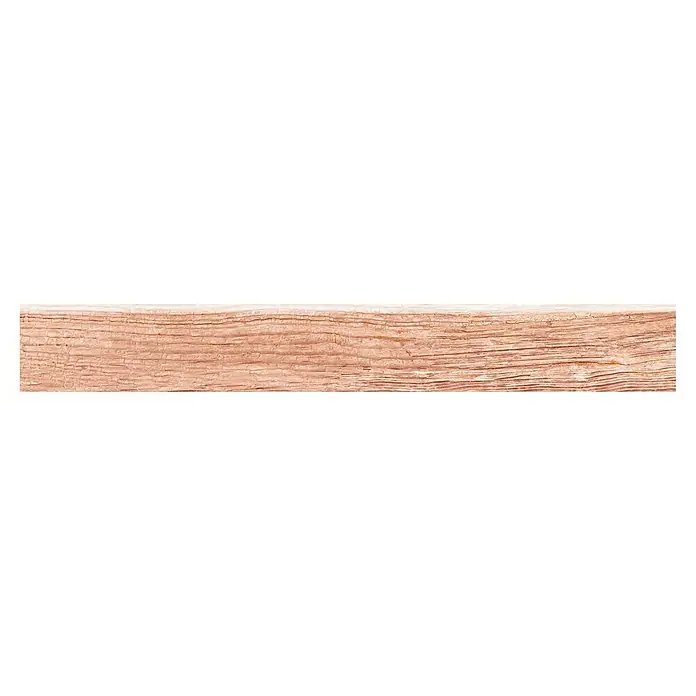 Sockelfliese Quercia - 8 x 60 cm, Beige, Matt - Nahaufnahme eines Stücks strukturierten, rötlich-braunen Holzes mit feinen Rissen und ausgeprägten Jahresringen für rustikale Akzente.