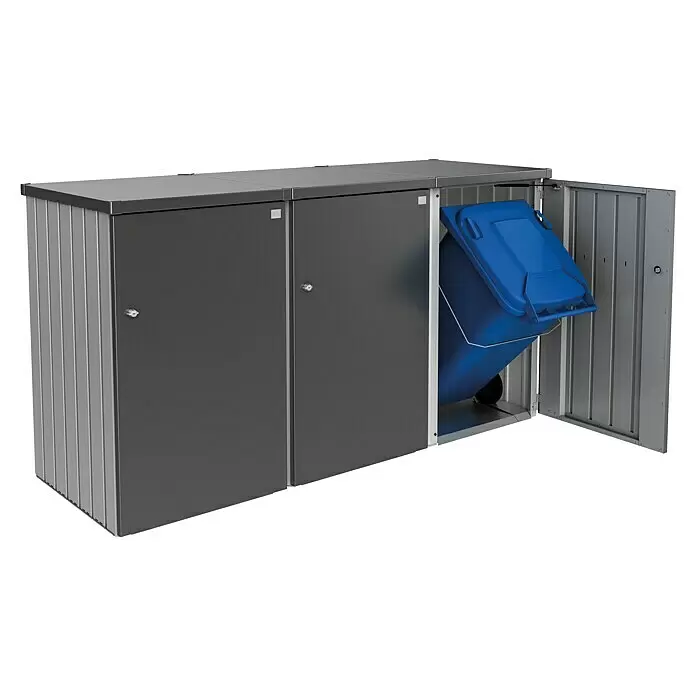 Biohort Mülltonnenbox Alex - L x B x H: 88 x 80 x 129 cm, Dunkelgrau-Metallic - Dunkelgrau-silberne Mülltonnenbox mit drei Fächern, eines offen mit einer blauen, gekippten Mülltonne darin.