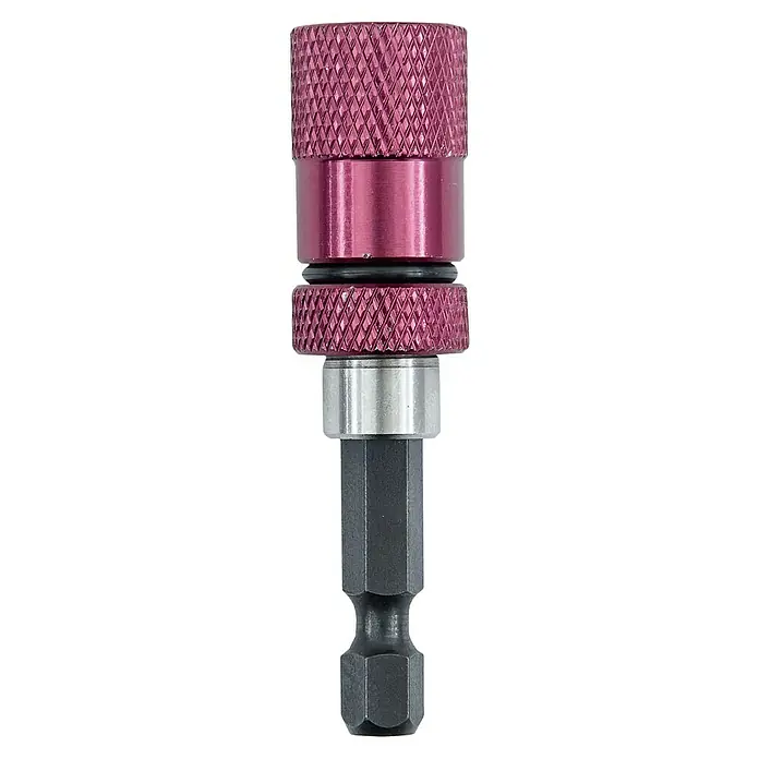 Connex Adaptador bit COXT973218 - Tamaño de accionamiento: Hexágono ¼'' - Primer plano de un portabrocas, una herramienta para sujetar de forma segura las puntas de destornillador, en rojo, gris y negro.