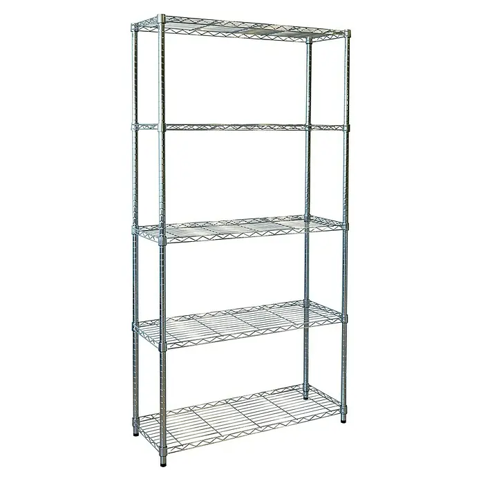 Estantería metálica Stylo - Al x An x Pr: 180 x 90 x 35 cm, Número de baldas: 5 ud., Inserción, Cromo - Estantería de alambre plateado con cinco niveles, ideal para organizar y almacenar artículos en diversos entornos.