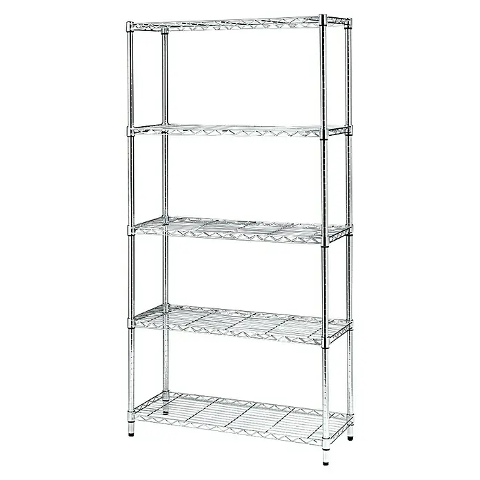 Estantería metálica Stylo - Al x An x Pr: 180 x 90 x 35 cm, Número de baldas: 5 ud., Inserción, Cromo - Estantería cromada con cinco estantes de alambre. Almacenamiento robusto para cocina o garaje, patas ajustables.