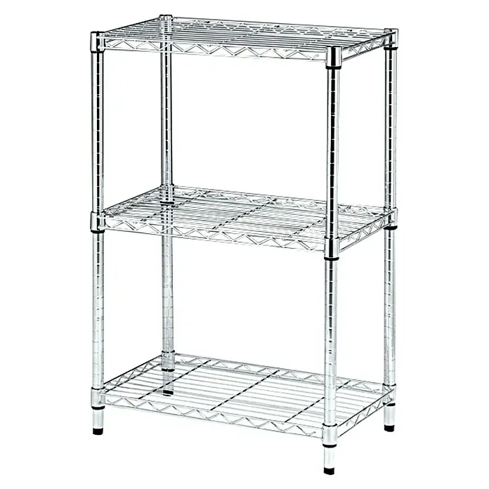 Estantería metálica Stylo - Al x An x Pr: 90 x 60 x 35 cm, Número de baldas: 3 ud., Inserción, Cromo - Una estantería cromada de tres niveles con estantes de alambre y pies ajustables. Ideal para el almacenamiento en cocinas, garajes u oficinas.