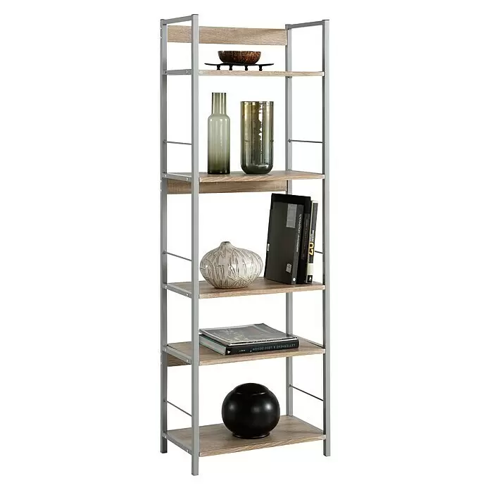 Estantería de madera Kala Industrial - Al x An x Pr: 150 x 52 x 30 cm, Número de baldas: 5 ud., Atornillado, Natural/Gris - Estantería alta con estantes de aspecto de madera clara y marco de metal gris, con cuencos, jarrones y libros decorativos.