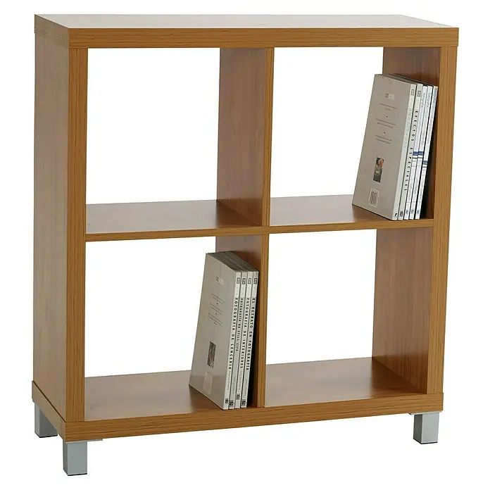 Estantería de madera Kubox - Al x An x Pr: 83 x 76 x 29 cm, Arce - Librería con tono de madera y cuatro compartimentos llenos de libros. Práctico y elegante para cualquier hogar.