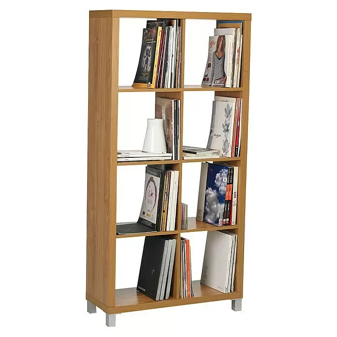 Estantería de madera Kubox - Al x An x Pr: 153 x 76 x 29 cm, Número de baldas: 8 ud., Arce - Estantería modular de madera marrón claro con cuatro patas plateadas, con múltiples compartimentos llenos de libros y revistas.