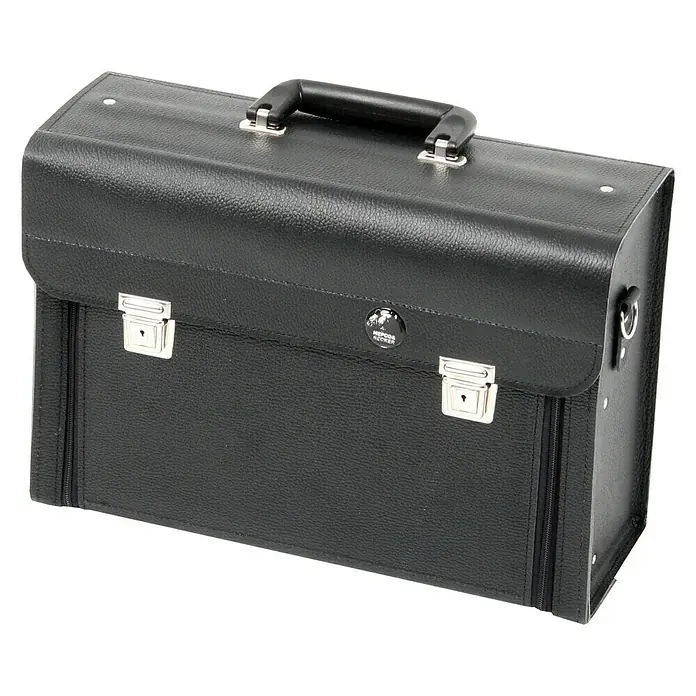 Hepco & Becker Werkzeugtasche Favorit 7122 - Innenmaß: B x T x H: 400 x 145 x 280 mm, Leder - Eine schwarze Hepco & Becker Leder Aktentasche mit Tragegriff und Schlössern, ideal für Beruf und Reise.
