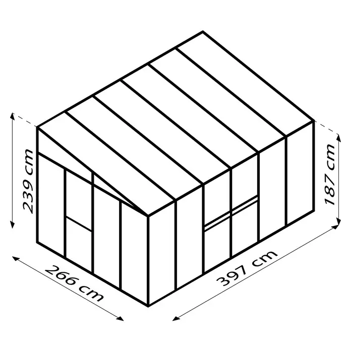 Vitavia Gewächshaus Helena 10200 - Außenmaß inkl. Dachüberstand (B x T): 397 x 266 cm, 3 mm, Schwarz - Schwarzes Rechteck, ideal für Hintergrund oder Overlay, minimalistisch und vielseitig einsetzbar.