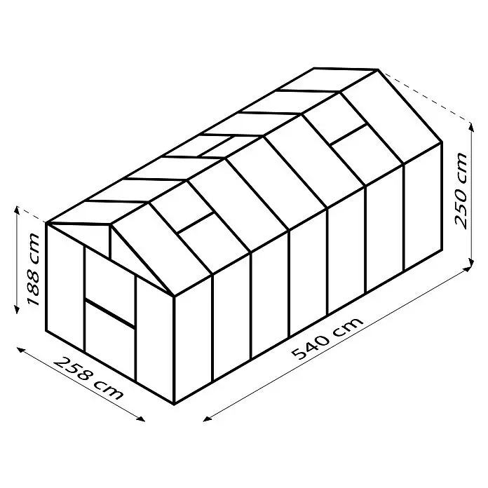 Vitavia Gewächshaus Zeus 13800 - Außenmaß inkl. Dachüberstand (B x T): 256 x 540 cm, 3 mm, Aluminium - Skizze