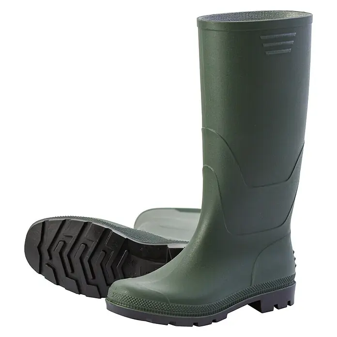 Gartenstiefel - Schuhgröße: 45, Grün - Ein Paar grüne Gummistiefel, perfekt für Gartenarbeit oder Spaziergänge im Regen. Die Stiefel sind robust und wasserdicht.