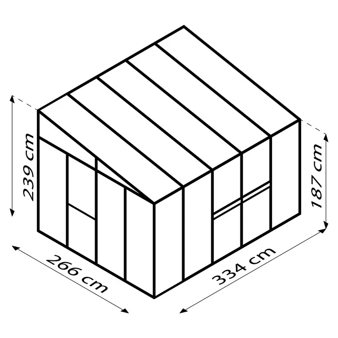 Vitavia Gewächshaus Helena 8600 - Außenmaß inkl. Dachüberstand (B x T): 334 x 266 cm, 3 mm, Aluminium - Schwarzes, undurchsichtiges Bild ohne erkennbare Details oder Texturen. Einfarbige Darstellung ohne jegliche Helligkeit.