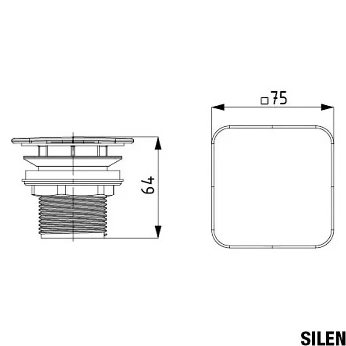 Kaldewei Ablaufventil 3905 - 1 ¼″, Permanent geöffnet, Alpinweiß - Produktabbildung eines Ventils mit den Maßen 75 x 75 mm (Quadrat) und einer Höhe von 64 mm. Technische Zeichnung für Sanitärinstallation.