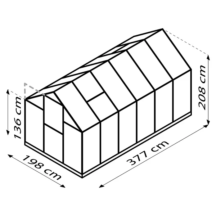 Vitavia Gewächshaus Eos 7500 - Außenmaß inkl. Dachüberstand (B x T): 197,7 x 377 cm, 4 mm, Smaragd - Abstraktes Bild einer Reihe von leuchtenden Punkten, die eine Art Winkel bilden, auf einem dunklen Hintergrund.