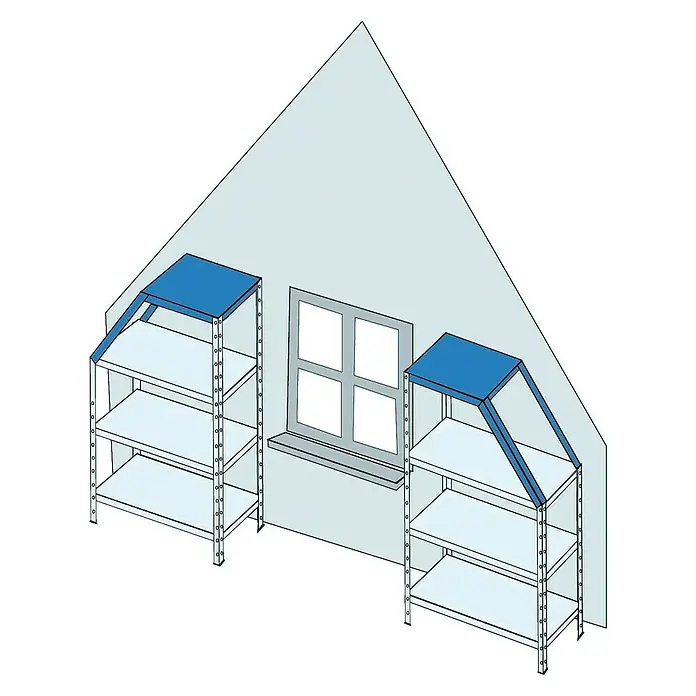 Regalux Winkelprofil - L x B x H: 4 x 4 x 250 cm, Verzinkt - Dachschrägenregale: Das Bild zeigt Regale, die perfekt in Dachschrägen passen und Stauraum in ungewöhnlichen Räumen schaffen.