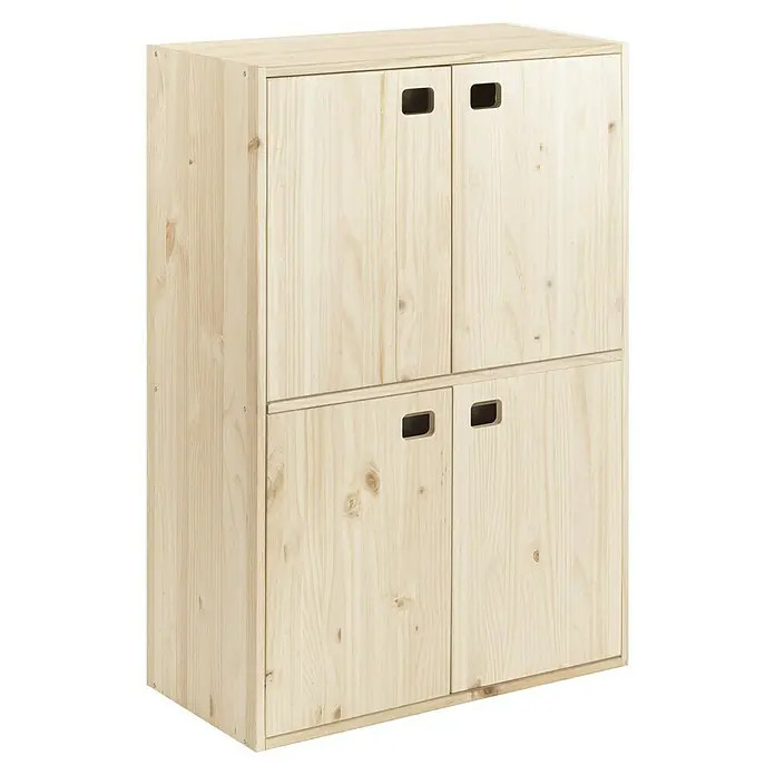 Astigarraga Dinamic Armario multiusos de madera - L x An x Al: 33 x 70,8 x 105,4 cm, Madera - Un armario rústico de madera clara con cuatro puertas cuadradas y manijas integradas, ideal para agregar espacio de almacenamiento a cualquier sala de estar.