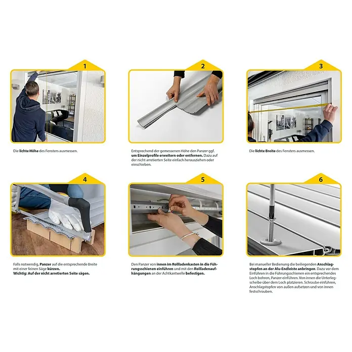 Schellenberg Rollladenpanzer MINI - 80 x 100 cm, Achatgrau - Anleitung zur Montage eines Rolladens: Fenster ausmessen, Panzer anpassen, Führungsschienen montieren und Endanschläge befestigen.