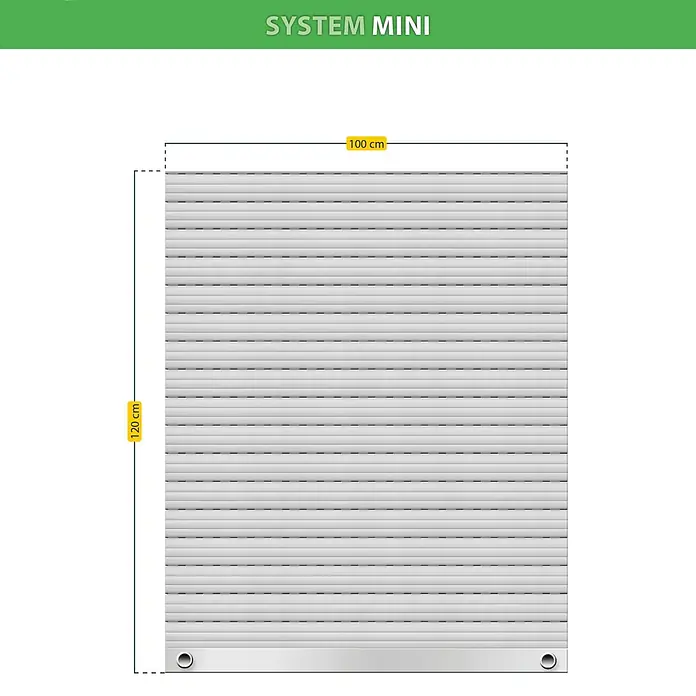 Schellenberg Rollladenpanzer MINI - 100 x 120 cm, Achatgrau - Bild einer System Mini Rollladendarstellung mit Größenangaben 100 cm Breite und 120 cm Höhe. Ideal für die Planung.