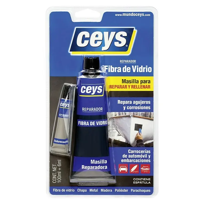 Ceys Masilla para reparaciones Fibra de Vidrio - Gris, 106 ml - Imagen del producto de masilla reparadora de fibra de vidrio Ceys, ideal para reparaciones de coches y embarcaciones. Espátula incluida.