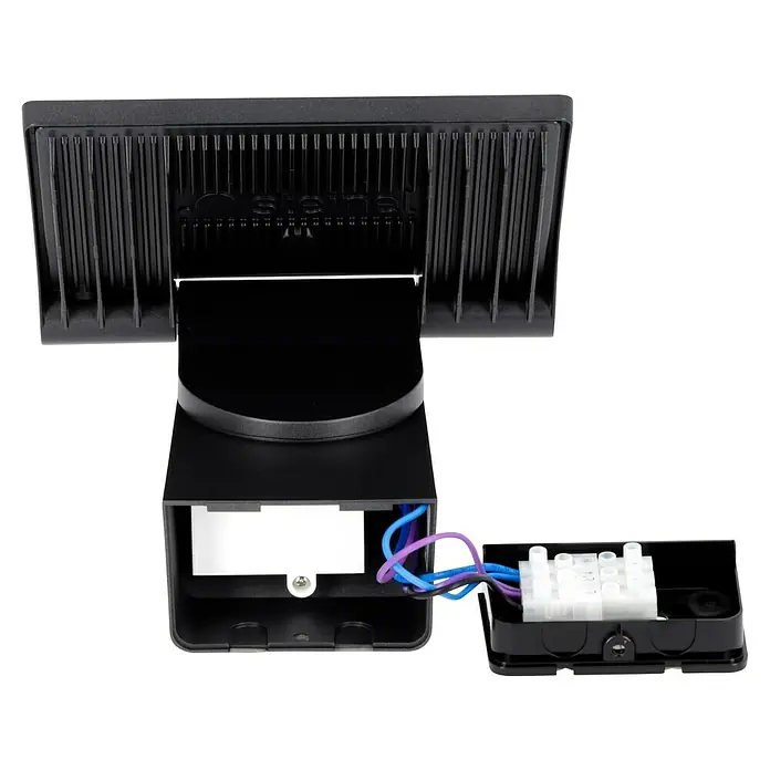 Steinel LED-Sensor-Strahler XLED home 2 S graphit - 13,7 W, L x B x H: 161 x 180 x 218 mm, Graphit, IP44 - Bild einer schwarzen LED-Außenleuchte mit freiliegenden Anschlussklemmen. Ideal für die Beleuchtung von Außenbereichen und Gärten.