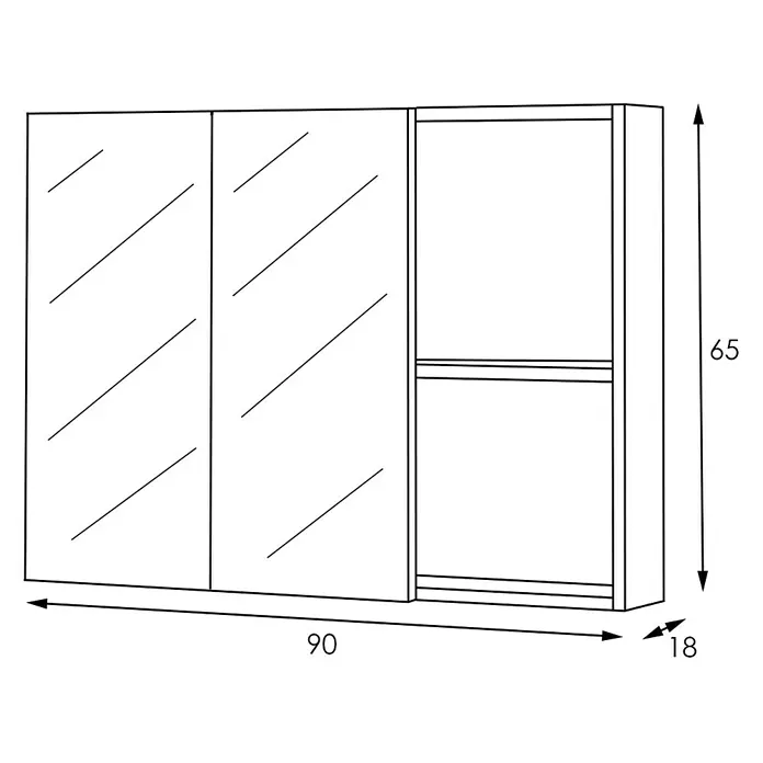 Artysan Armario con espejo Abi 2P+H - An x Al: 90 x 65 cm, Plástico, Nature - Ilustración de un armario de baño con puertas de espejo y estante abierto para accesorios de baño.
