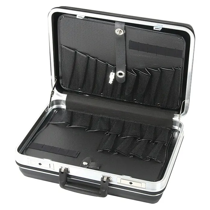 Hepco & Becker Werkzeugkoffer Budget 5031 - L x B: 370 x 490 mm, Höhe: 180 mm, ABS - Offener schwarzer Werkzeugkoffer mit silberfarbenen Beschlägen und praktischen Fächern zur Organisation von Werkzeugen.