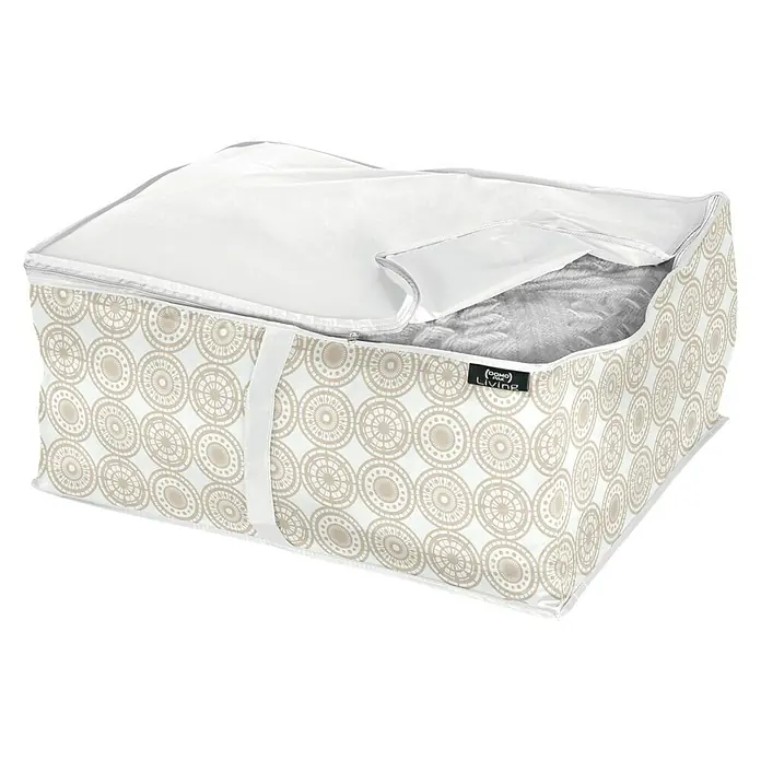 Organizador de armario Ella - 55 x 45 x 25 cm, Beige, Específico para: Ropa de cama - Caja de almacenamiento con diseño de círculos beige y tapa blanca para guardar mantas o ropa de forma ordenada.