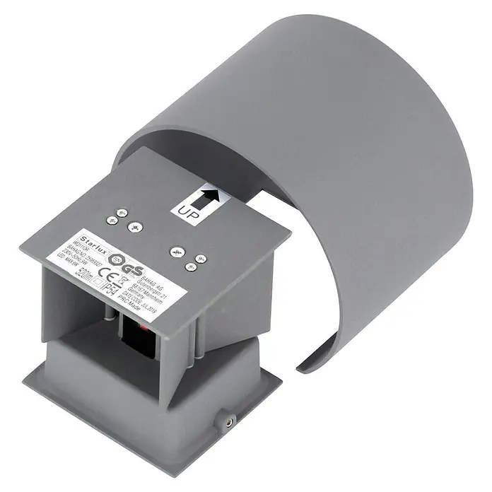Starlux LED-Außenwandleuchte Umea - 8 W, 11,6 x 13,6 x 10 cm, Anthrazit, IP54 - Graue Starlux Wandleuchte mit abgerundetem Schirm und "UP"-Pfeil für die Montage, ideal für den Außenbereich dank IP54 Schutz.