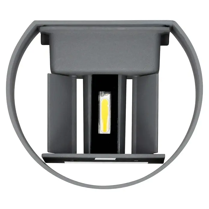 Starlux LED-Außenwandleuchte Umea8 W, 11,6 x 13,6 x 10 cm, Anthrazit, IP54 - Eine Nahaufnahme einer grauen LED-Leuchte in einer runden Halterung, die ein modernes und minimalistisches Design aufweist.