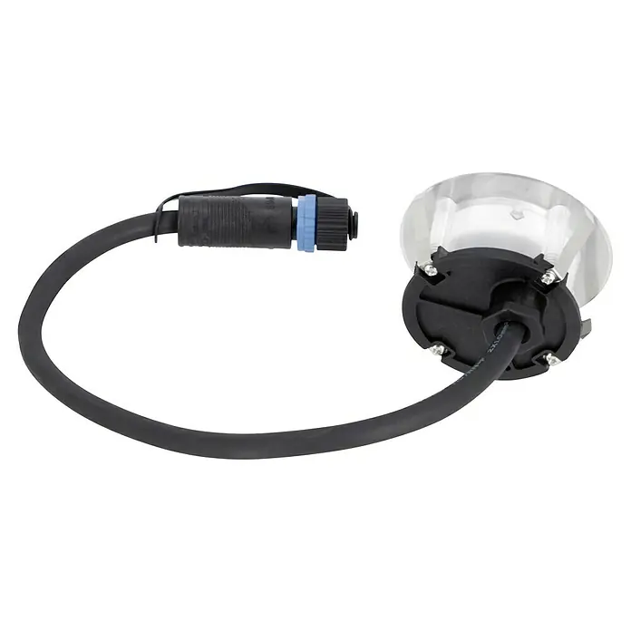 Paulmann Plug & Shine LED-Gartenspot Floor Eco - 1,3 W, Durchmesser: 7 cm, 24 V, IP65, Silber - Nahaufnahme eines Poolsstrahlers mit Kabel und Stecker, ideal für stimmungsvolle Unterwasserbeleuchtung.