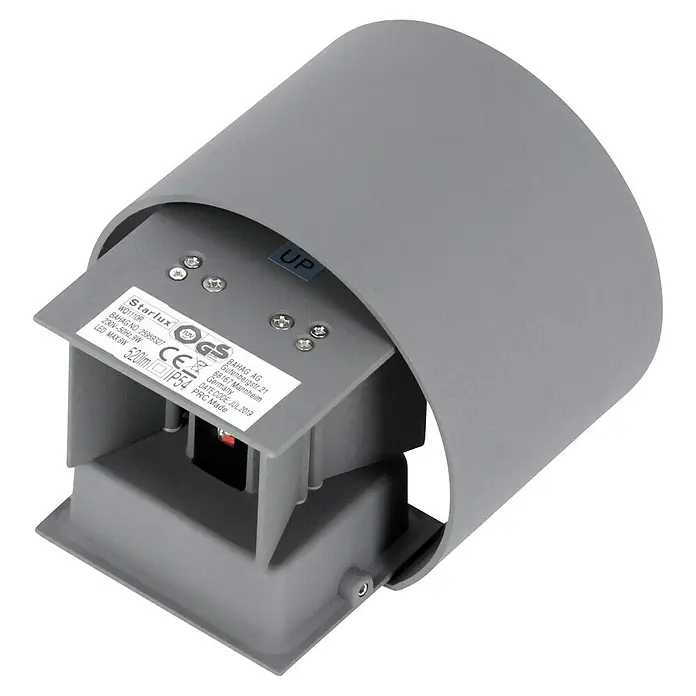 Starlux LED-Außenwandleuchte Umea - 8 W, 11,6 x 13,6 x 10 cm, Anthrazit, IP54 - Nahaufnahme einer grauen Starlux WQ1110R Außenleuchte, die eine effiziente und stilvolle Beleuchtung für den Außenbereich bietet.